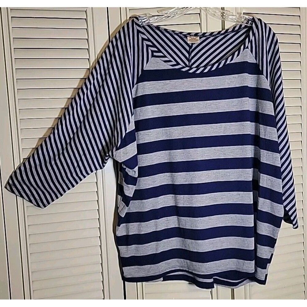 Faded Glory Womens 2X Pullover Top Blue Gray Striped Boat Neck 3/4 Sleeve